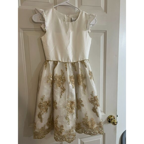 Girls Size 10 White Gold Formal Dress Floral Lace Rare Editions Flower Girl - Picture 1 of 7